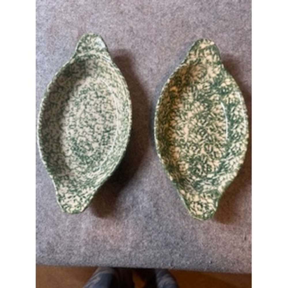 Gerald E. HennBel-Terr Green Spongeware Au Gratin Dishes Set 2 Oval Bakers 9.5in